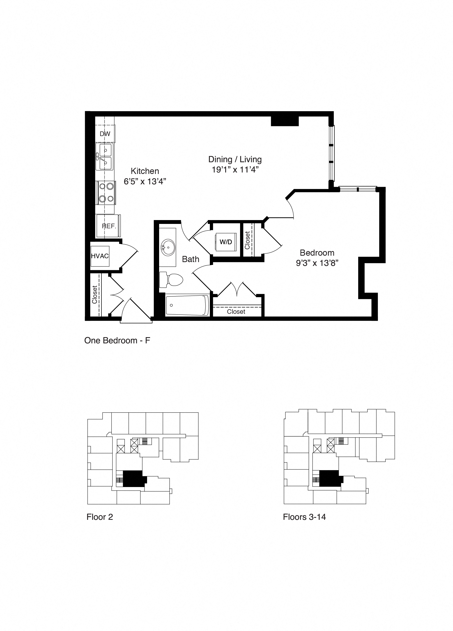 Floor plan for 1 bed, 1 bath, 696 sqft